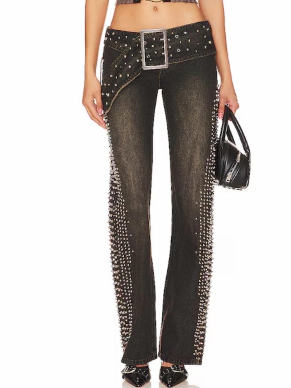 Jaded London NWT 28 Dark Wash Studded Low Rise Jeans Belted Y2K Grunge Festival